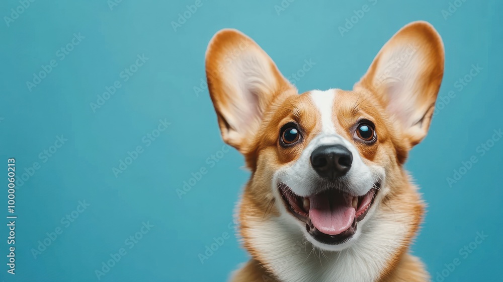 A cheerful corgi dog with large ears and a happy expression against a blue background. A cheerful corgi dog with large ears and a happy expression against a blue background.