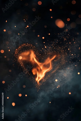 A glowing heart shape made of flames against a dark cosmic background