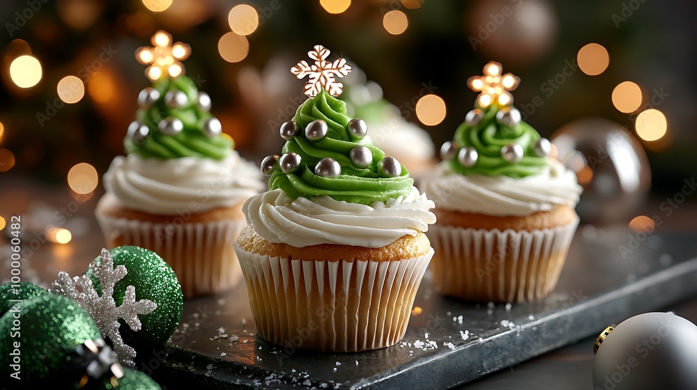 Christmas tree cupcakes sparkle with decorations, each one a sweet, festive delight. Christmas tree cupcakes sparkle with decorations, each one a sweet, festive delight.