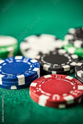 Colorful poker chips stacked on a green felt table during a lively casino night with friends