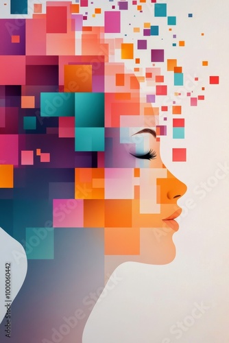 A colorful digital portrait of a woman's profile with vibrant geometric patterns