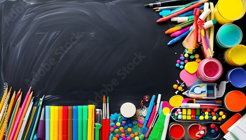 Vibrant School Supplies and Art Materials Displayed on Black Chalkboard Background, Emphasizing Education and Creativity in a Back to School Theme