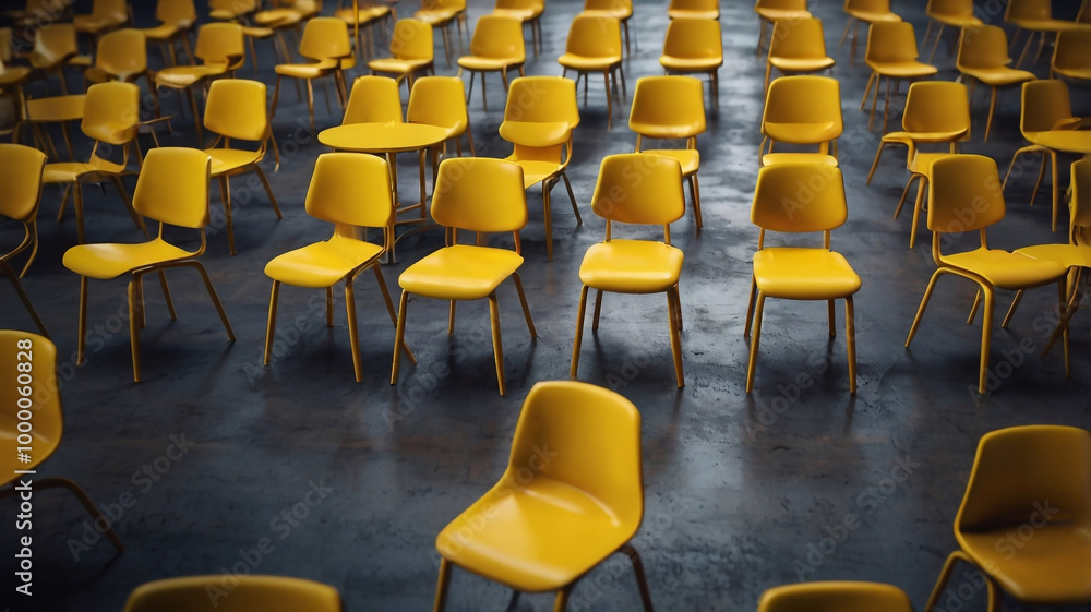 Fototapeta premium Yellow chair standing out from the crowd. Business concept. 3D rendering