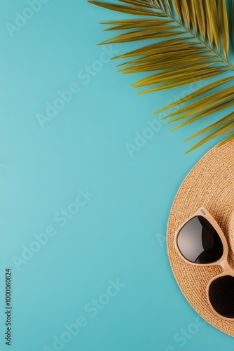 Summer relaxation essentials with sunglasses and palm leaf on a blue background