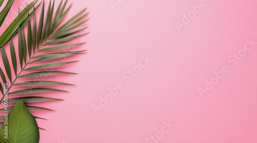 Lush palm leaves arranged on a vibrant pink background creating a tropical vibe