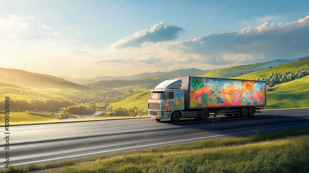 A colorful truck travels along a scenic road with lush green hills and a bright sky. A colorful truck travels along a scenic road with lush green hills and a bright sky.