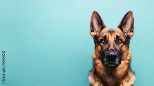 A close-up portrait of a German Shepherd against a teal background.