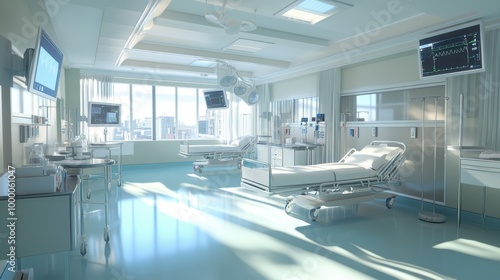 A clean  sterile hospital room with modern medical equipment and monitors  creating a professional healthcare atmosphere.