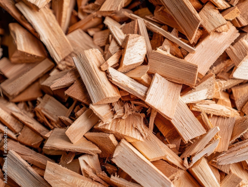 Close-up of wood chips being processed into biomass fuel, biomass, natural energy conversion Close-up of wood chips being processed into biomass fuel, biomass, natural energy conversion