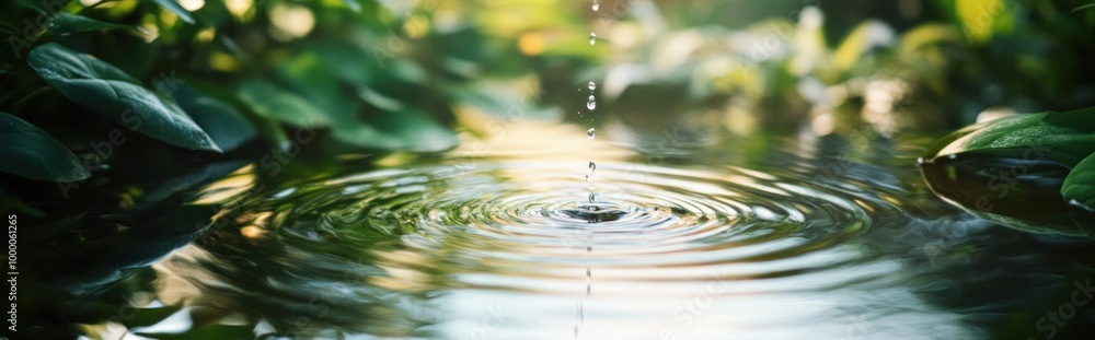 A serene scene of water droplets creating ripples in a tranquil natural setting. A serene scene of water droplets creating ripples in a tranquil natural setting.