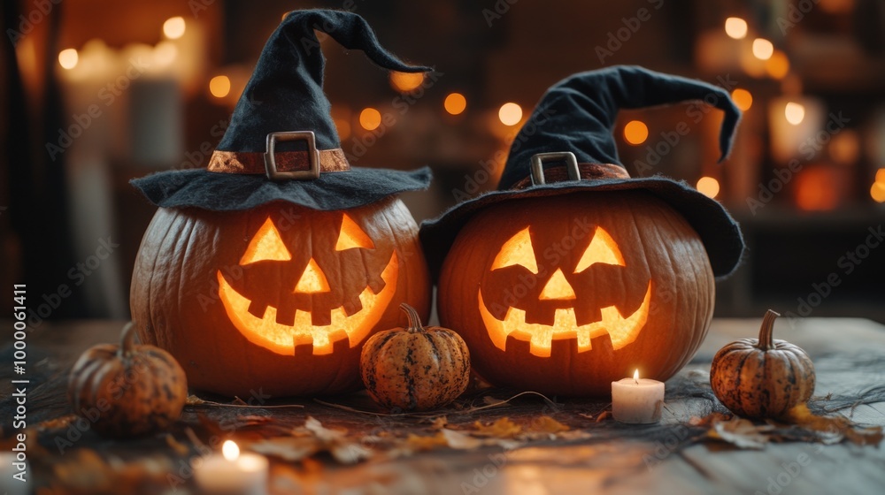 Glowing Jack-o'-Lanterns with Witch Hats in a Spooky Halloween Forest