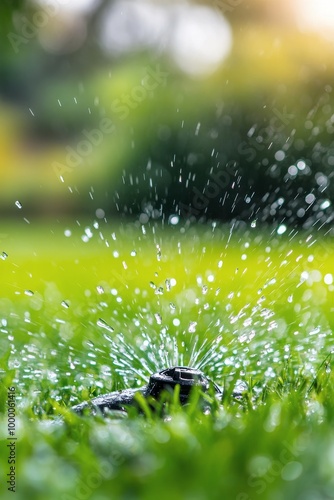 Sprinkler system irrigating lush green lawn on a sunny afternoon in a residen...