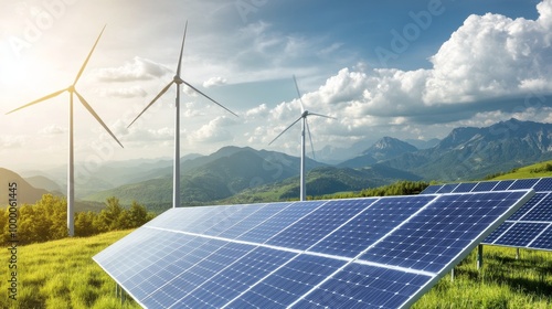 Renewable energy landscape featuring solar panels and wind turbines in a gree...