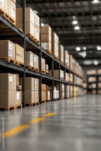 A large warehouse with organized shelves of cardboard boxes in daylight