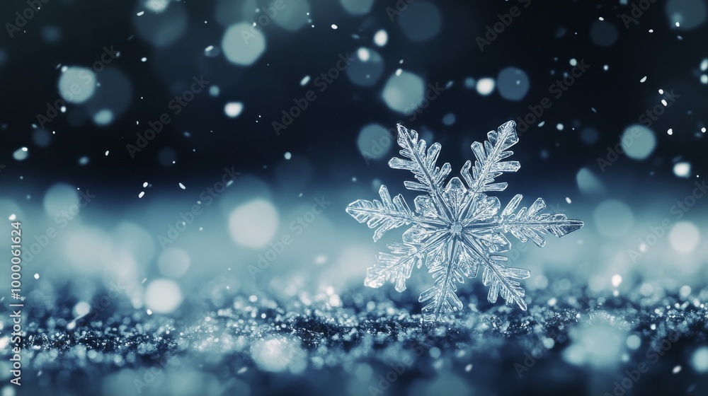 Beautiful snowflake resting on glittering frost under a serene winter sky at night Beautiful snowflake resting on glittering frost under a serene winter sky at night