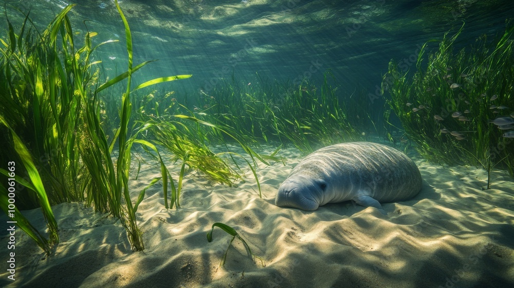 a manatee in shallow cove resting on a bed a manatee in shallow cove resting on a bed