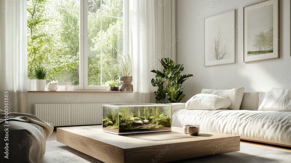 A modern Scandinavian-style living room, where the glass box with the forest scene is placed on a wide wooden coffee table, framed by clean white walls and simple decor A modern Scandinavian-style living room, where the glass box with the forest scene is placed on a wide wooden coffee table, framed by clean white walls and simple decor