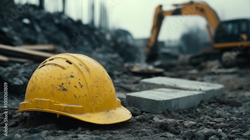 Construction site in urban area with yellow hard hat resting on the ground am...