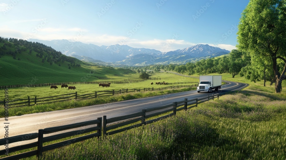 Scenic landscape with a truck on a road, surrounded by mountains and grazing cattle. Scenic landscape with a truck on a road, surrounded by mountains and grazing cattle.