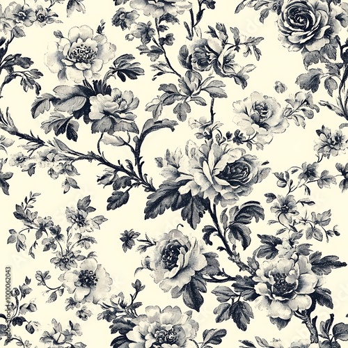 A vintage black and white floral pattern repeats seamlessly, evoking timeless beauty.