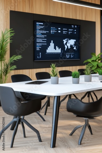 Modern office meeting room with plants and a large screen displaying data and...