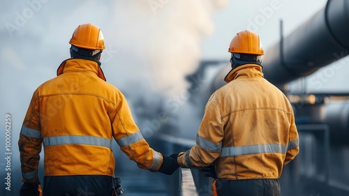 Workers inspecting geothermal pipes amidst bubbling hot springs, geothermal energy, natural power generation