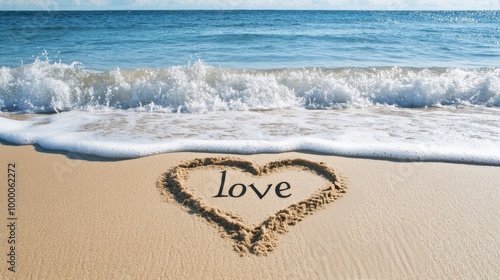 Heart-shaped love message written in sand near ocean waves on a sunny beach