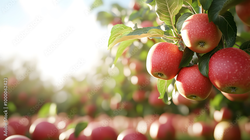 Obraz premium Organic apple orchard trees full of ripe apples