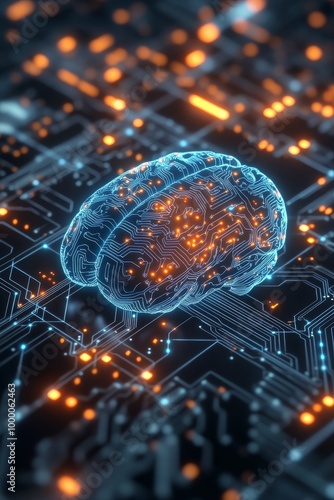 A digital representation of a human brain on a circuit board background with ...