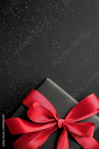 A vibrant red ribbon bow placed on a textured dark surface for gift wrapping ...