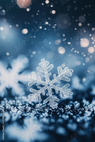 Delicate snowflake glistening against a dark background during a winter night