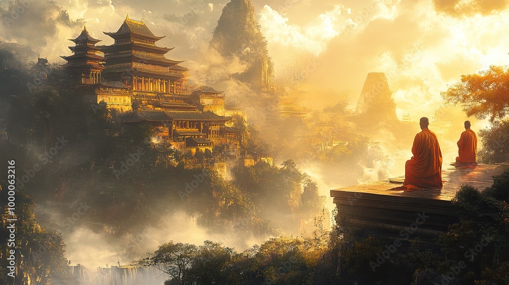 Fototapeta premium A majestic temple on a mountaintop, with the golden light of sunrise reflecting off the stone walls and the sound of chanting monks filling the air. The scene captures the awe-inspiring beauty of the