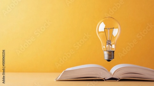 A floating light bulb above an open book against a vibrant yellow background