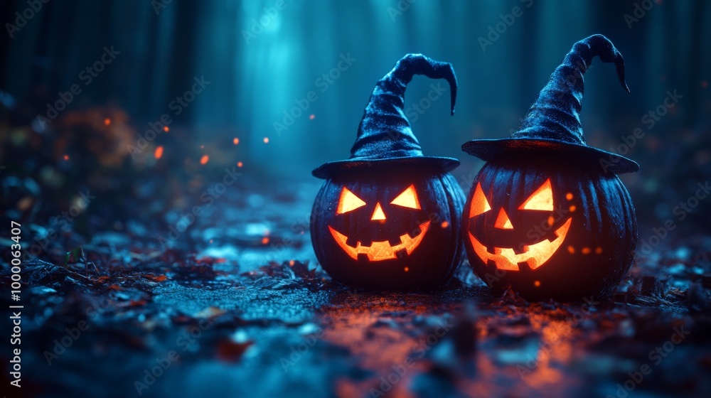 Fototapeta premium Glowing Jack-o'-Lanterns with Witch Hats in a Spooky Halloween Forest