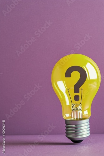 Yellow light bulb with question mark on purple background representing creati...