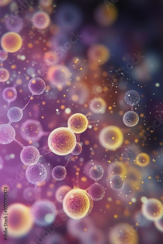 Colorful microscopic view of cells in a vibrant cosmic-like environment at night