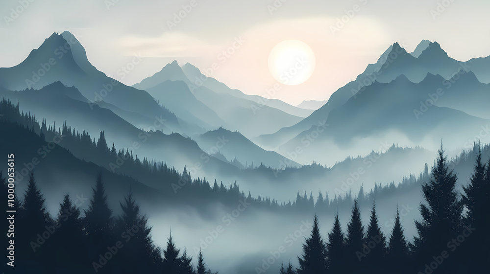 Obraz premium Misty mountain landscape. Misty Mountains. Illustration