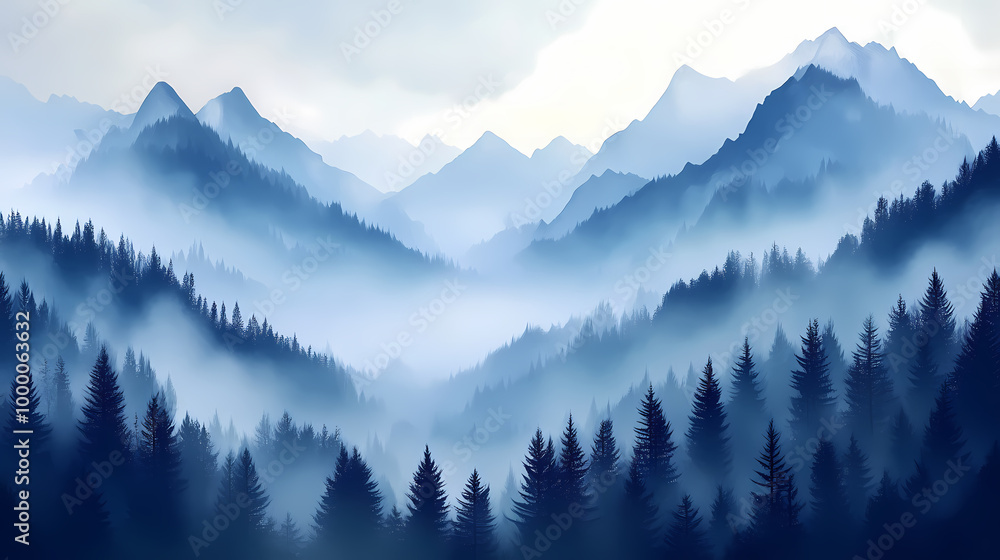 Misty mountain landscape. Misty Mountains. Illustration