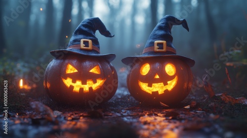 Glowing Jack-o'-Lanterns with Witch Hats in a Spooky Halloween Forest