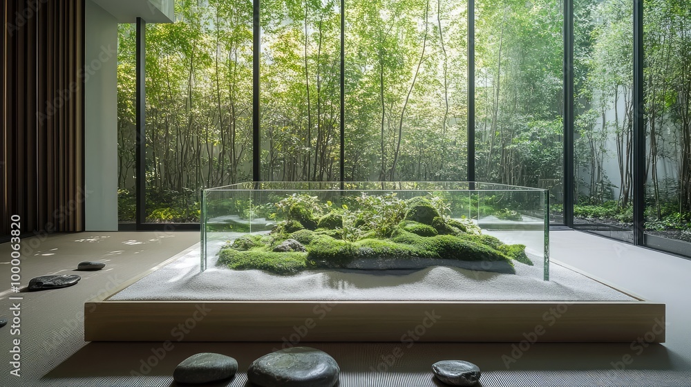 A peaceful Zen garden studio, where the glass box featuring a dense forest sits on a low wooden table, surrounded by smooth stones and white sand A peaceful Zen garden studio, where the glass box featuring a dense forest sits on a low wooden table, surrounded by smooth stones and white sand