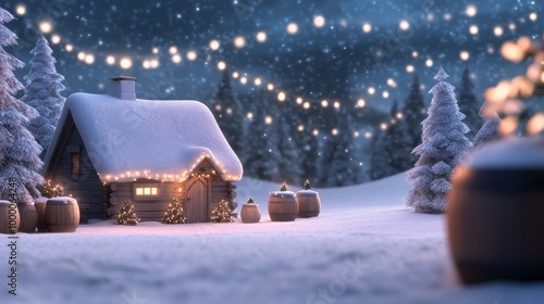 Winter evening in a cozy village decorated with lights and snow