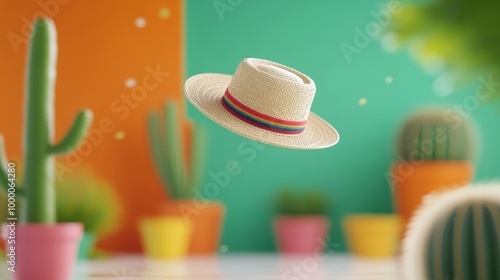 A straw hat floating above colorful cactus pots in a vibrant garden setting d...