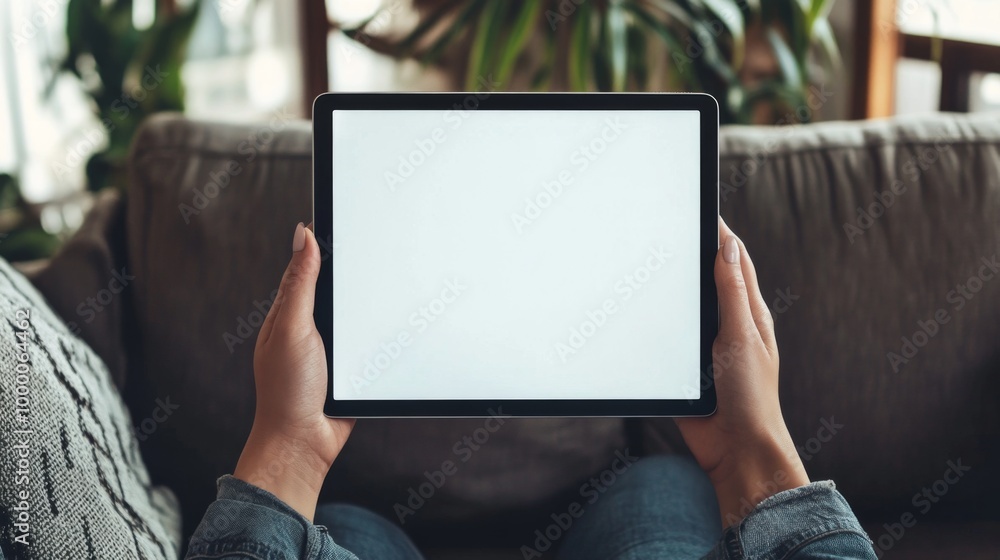 female hands holding computer tablet with isolated screen in room female hands holding computer tablet with isolated screen in room