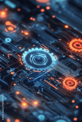 Abstract circuit board with glowing gears illustrating technology and innovat...