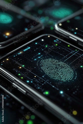 Modern smartphone displaying a fingerprint scan on a vibrant digital backgrou...
