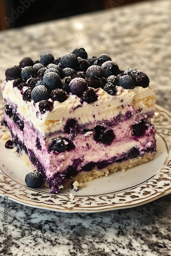 A blueberry pie sits on a simple plate, photographed with an amateur touch, showcasing its rustic presentation and natural appeal in a cozy setting.