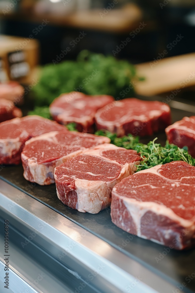 Freshly cut ribeye steaks displayed on a butcher's counter in a market during the day Freshly cut ribeye steaks displayed on a butcher's counter in a market during the day