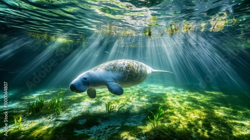 an underwater shot of a manatee swimming