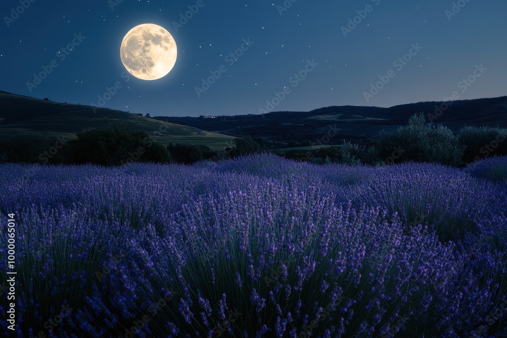 Fototapeta premium A serene landscape of lavender fields under a bright full moon at night.