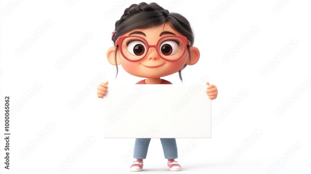 A cartoon girl with glasses holds a blank sign, inviting messages or information. A cartoon girl with glasses holds a blank sign, inviting messages or information.